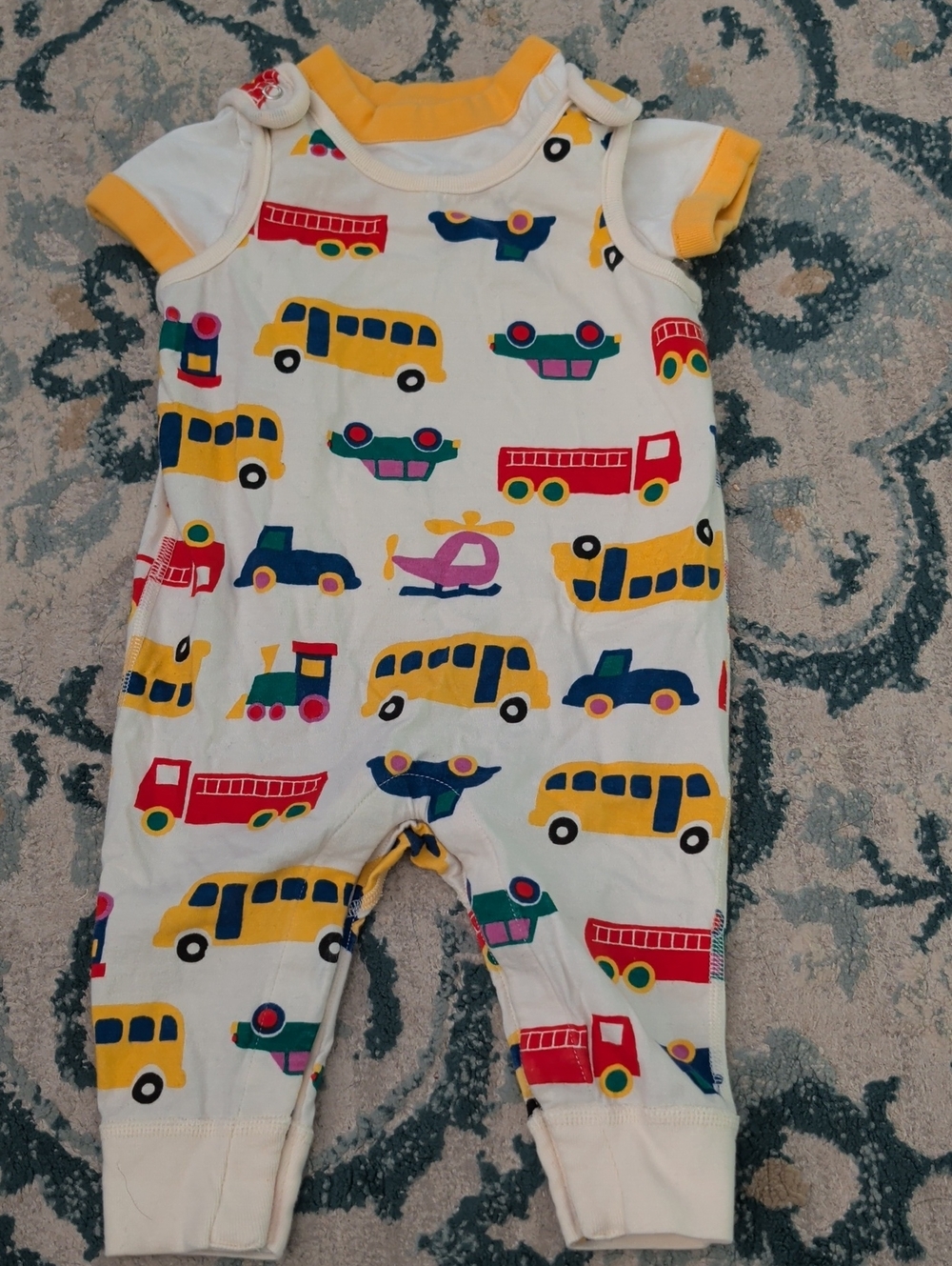 Hanna Andersson Yellow & White 6-12 Months One-Piece with Vehicle Print